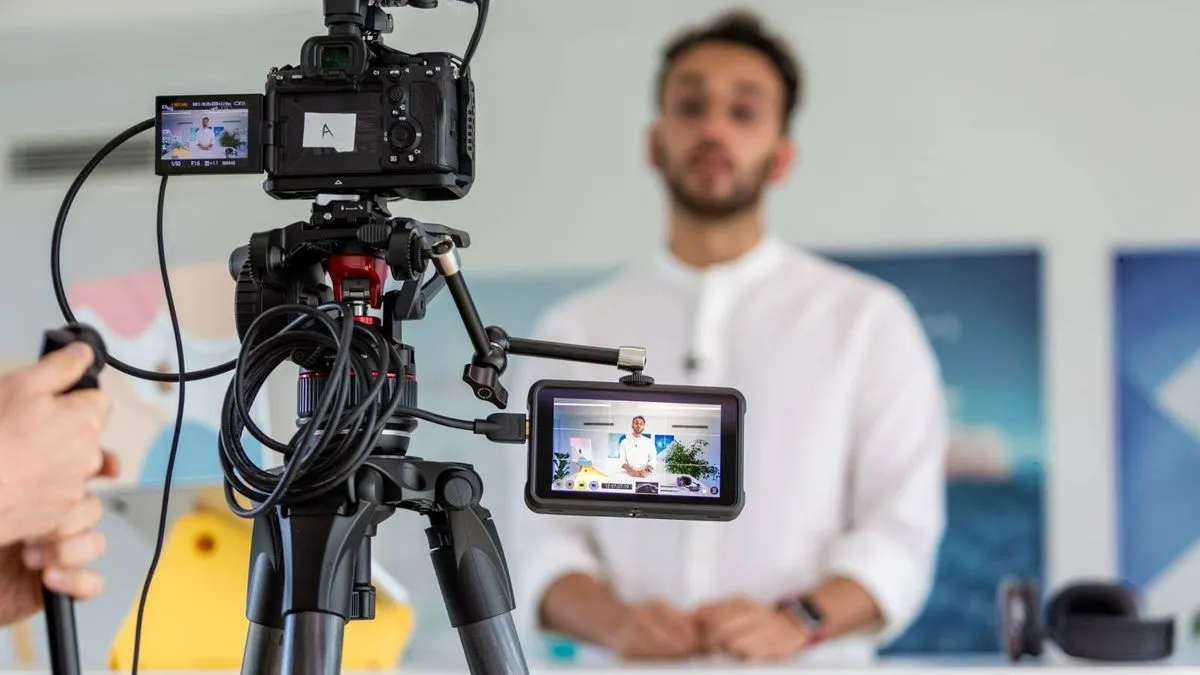 Professional cinema camera lit on a studio set